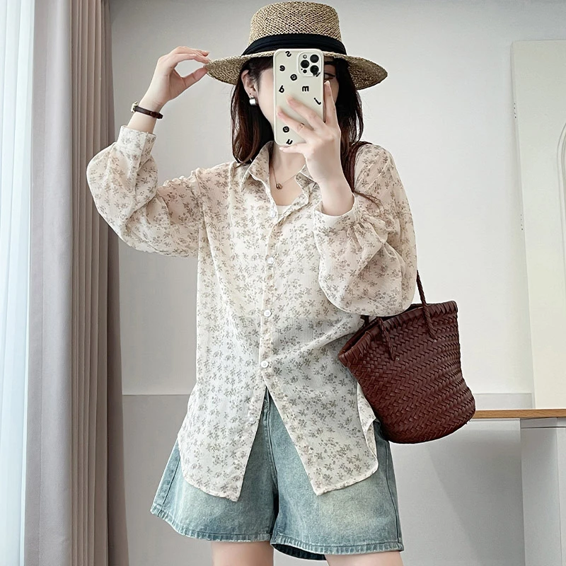 大码女装长袖法式衬衫外套上衣碎花夏季衬衫胖妹妹宽松上衣女时尚