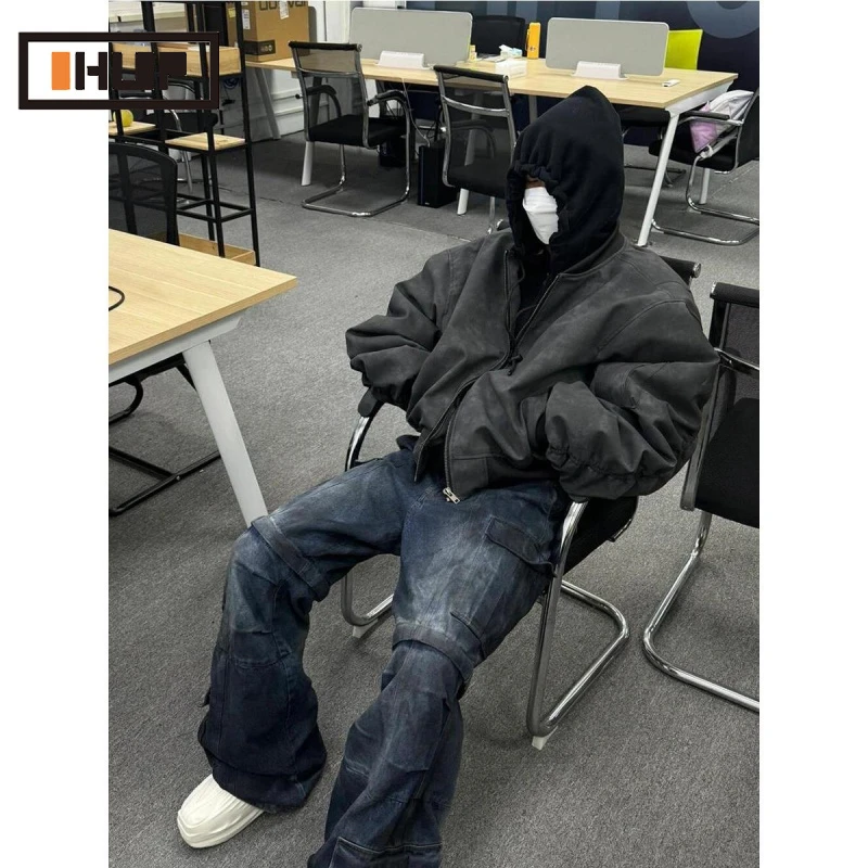 OHUP春秋PU皮连帽假两件外套男美式bomber宽松飞行夹克棉服上衣男