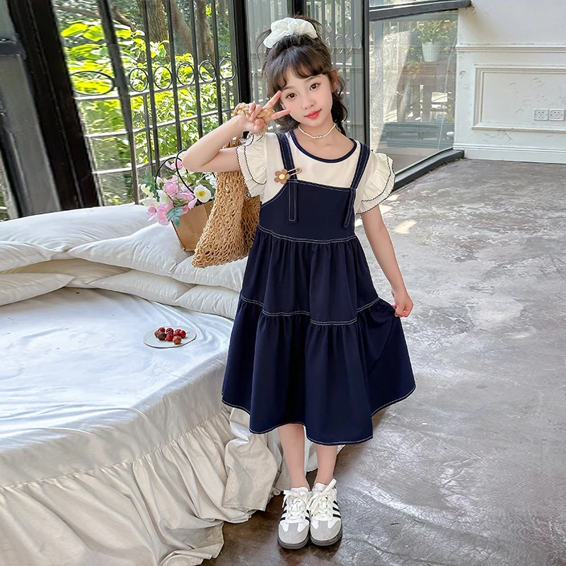 女童裙子2025夏季新款儿童女孩假两件连衣裙洋气女大童时髦长裙潮