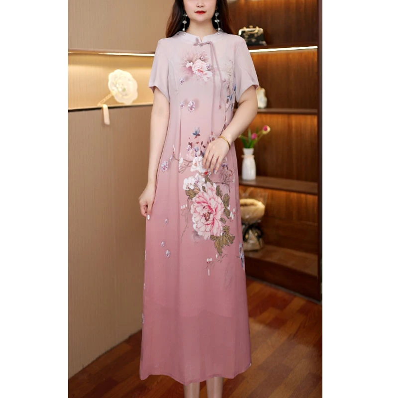 [双层粉牡丹旗袍]新款百搭显瘦连衣裙女中长款517