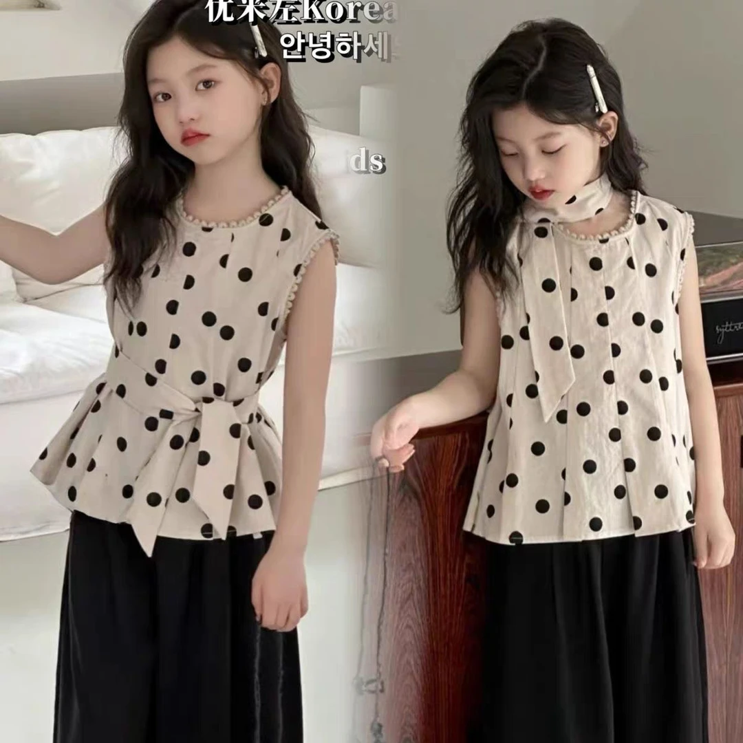 韩系穿搭女童套装2025新款女童夏装洋气波点背心阔腿裤两件套百搭