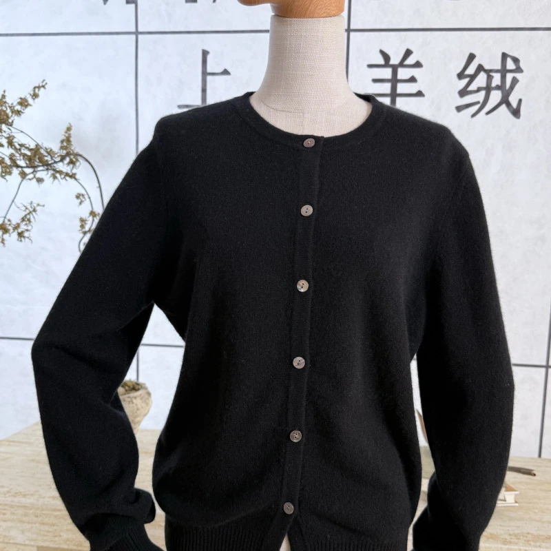 山羊绒秋冬厚款宽松圆领修身设计款女装绒衫休闲排扣慵懒极简风