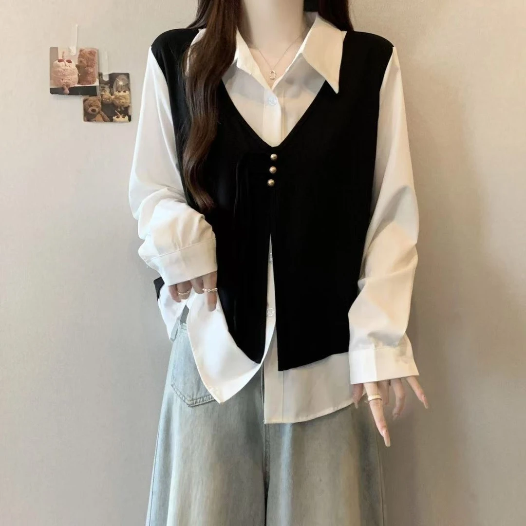 大码遮肚子假两件2025秋冬新款小香风马甲衬衫女胖mm显瘦长袖上衣