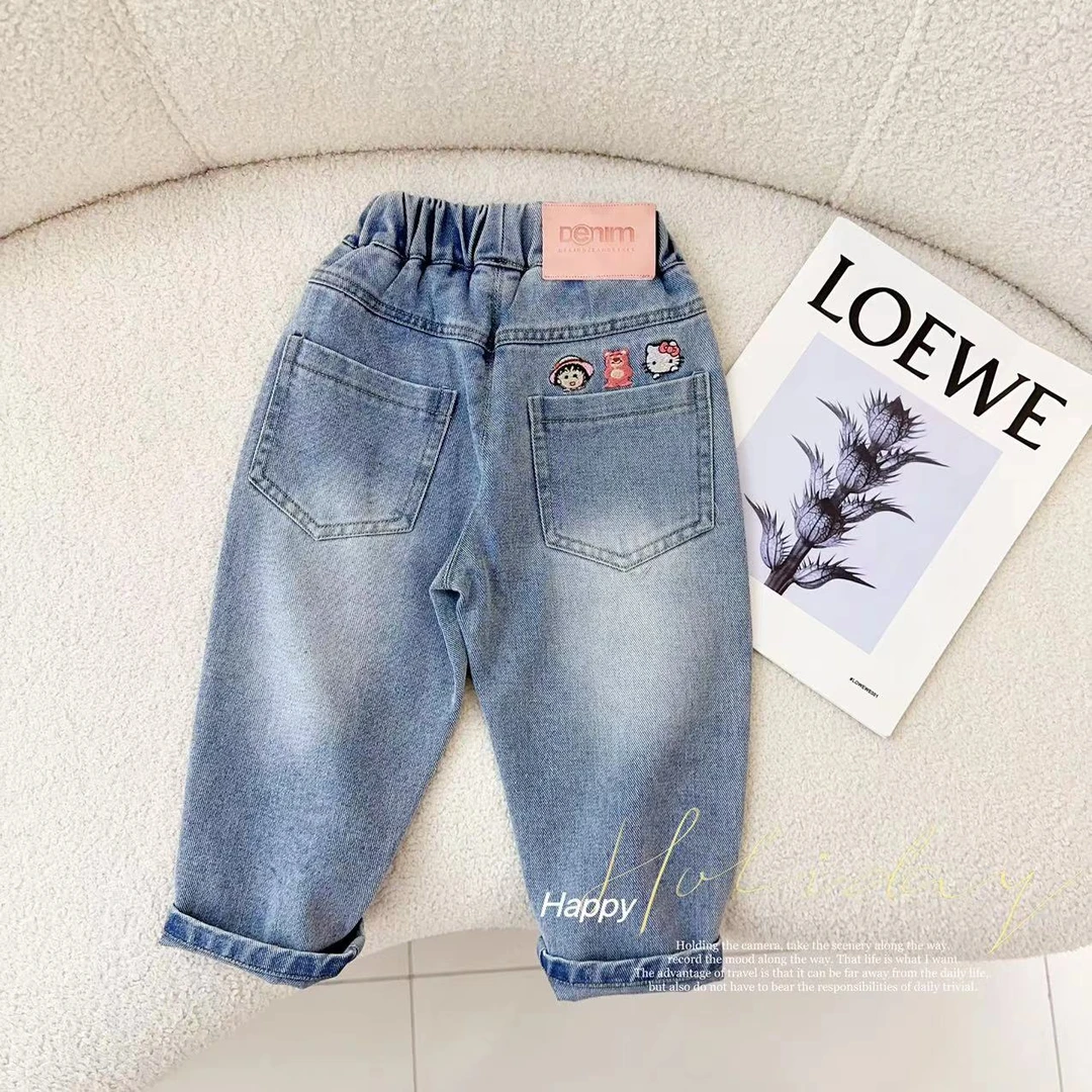 汤圆家童装2025春季新款韩系卡通刺绣百搭牛仔老爹裤 YA-841