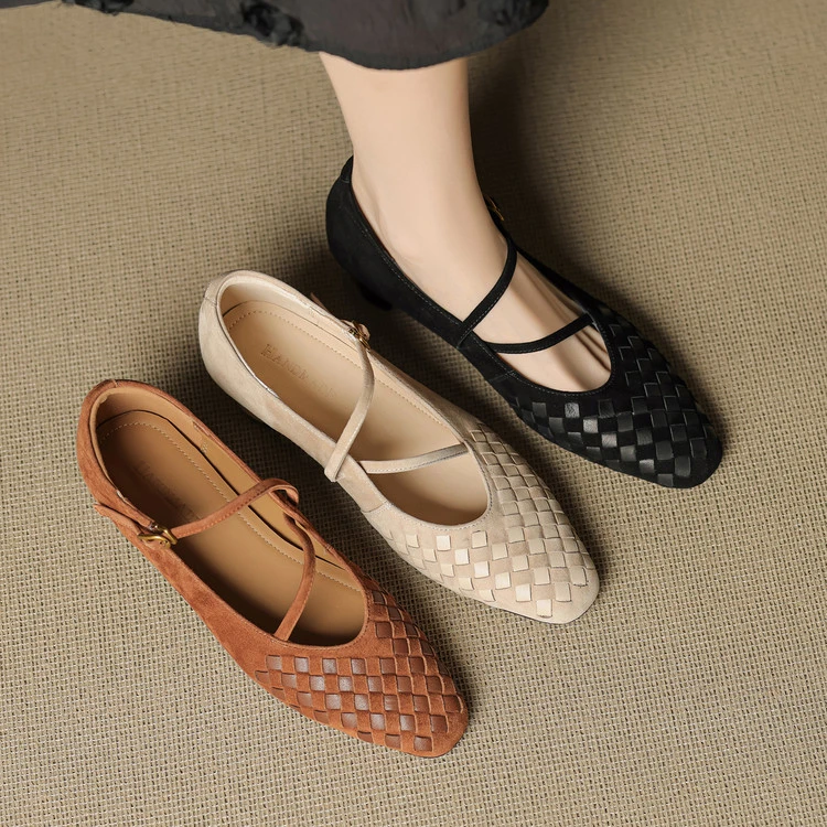 2025新款编织羊皮单鞋女粗跟小皮鞋通勤中跟玛丽珍鞋浅口女鞋