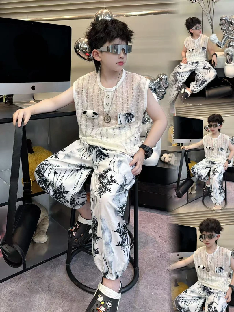 2025夏季新款儿童套装男女童设计感镂空时尚小熊猫七分裤无袖套装