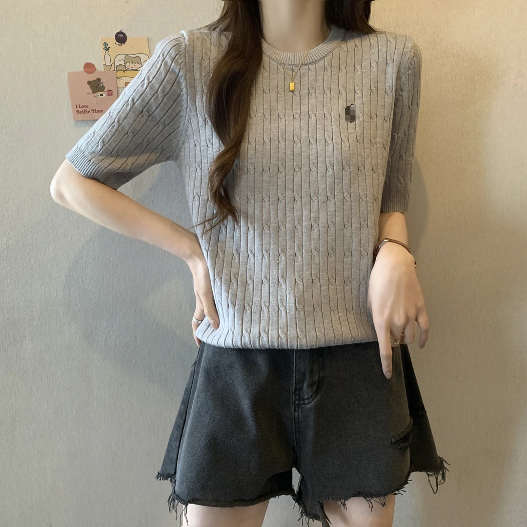 【大码】 738女装韩版圆领刺绣设计感短袖针织打底衫毛衣女夏百搭