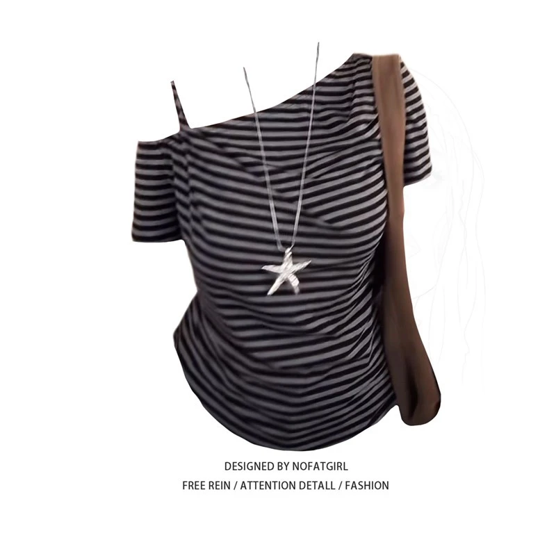 大码胖MM韩系复古条纹露肩短袖T恤女夏季设计感修身显瘦辣妹上衣