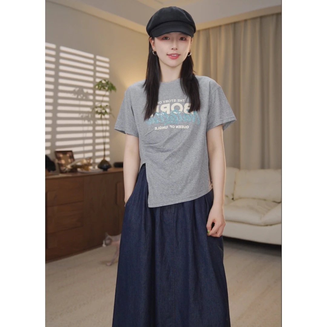 圆圆 【潮酷玩家】字母时尚休闲图案不对称捏褶设计T恤 YY 8433