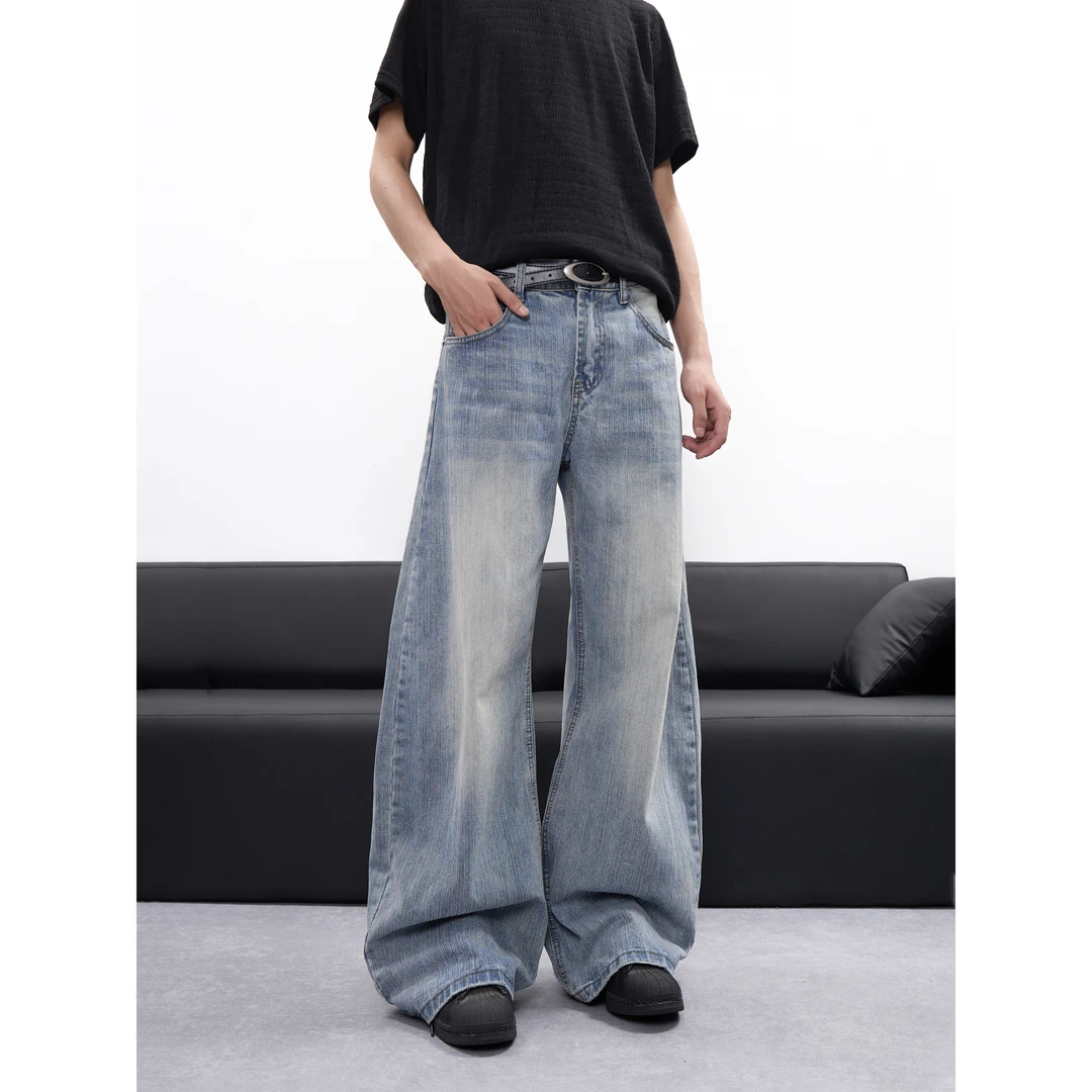 竹节弯刀水洗做旧牛仔裤宽松直筒百搭cleanfit拖地裤