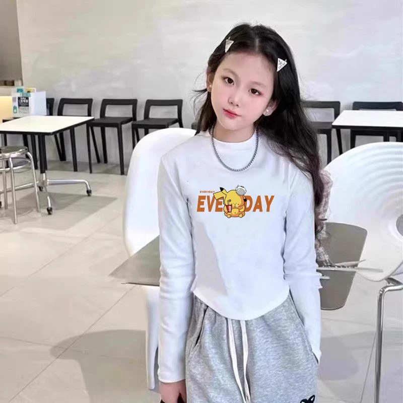 秋冬上新纯棉女长袖t恤中大儿童弧形修身设计感印花ins风打底上衣