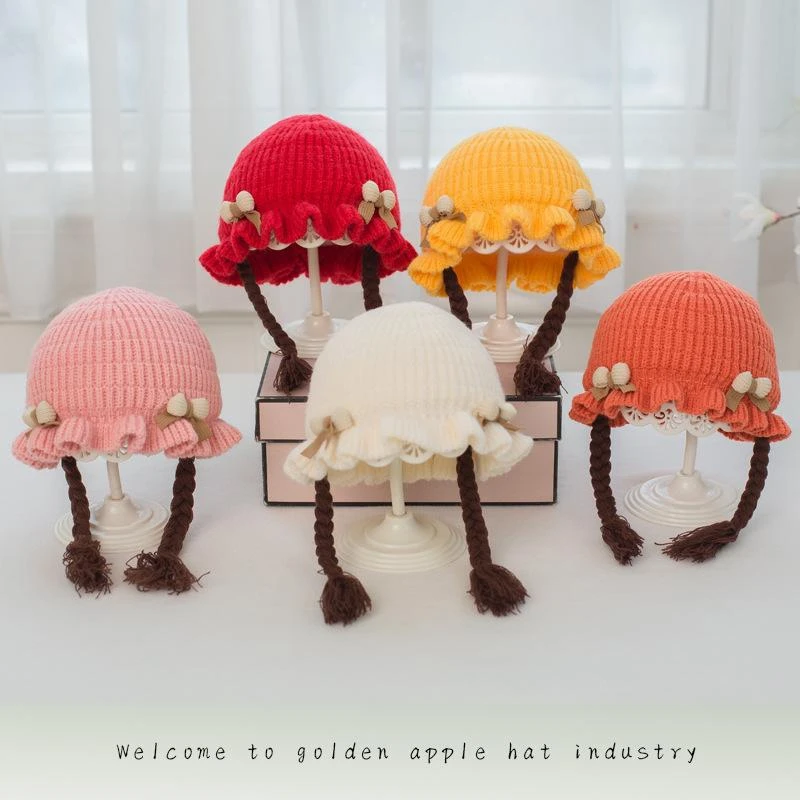 新生儿冬季超萌儿童男宝女宝毛线针织帽内里保暖加厚时尚辫子帽子