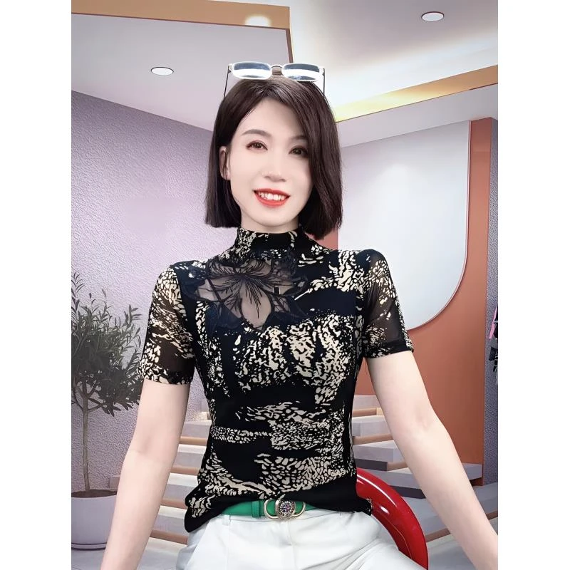 女装夏款2025年新款潮款洋气时髦t恤女上档次镂空拼接冰丝网纱潮