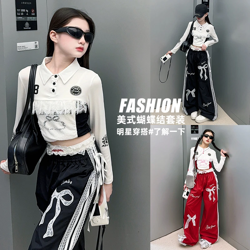 25女童套装春秋蝴蝶结美式复古蕾丝街舞风松紧腰宽松直筒阔腿长裤