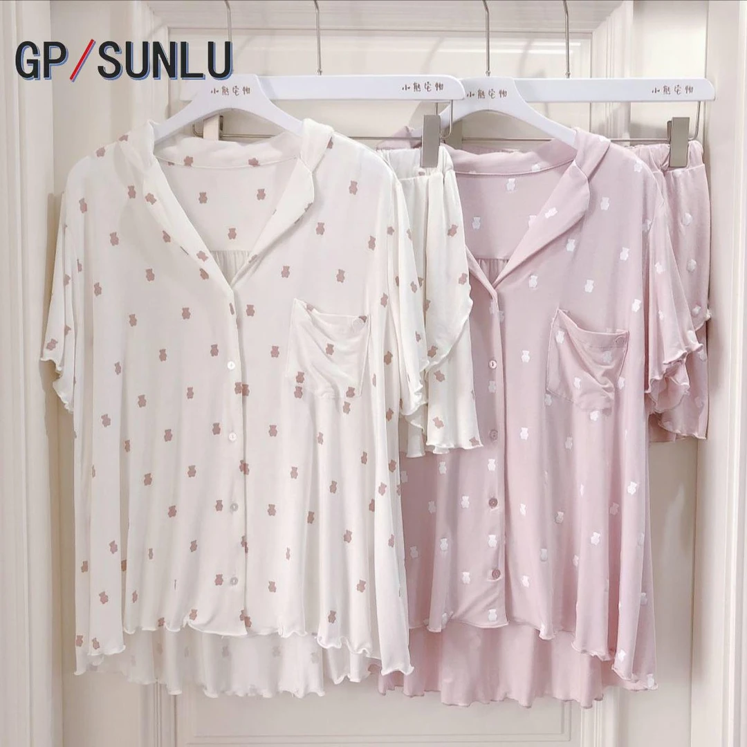 日本小众GP日系可爱小熊莫代尔棉薄款睡衣女夏季短袖短裤卡通套装