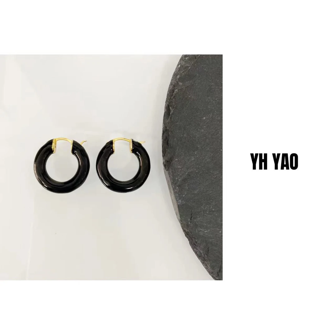 YH·YAO/姚雨何 铜合金珐琅耳饰 2024小众法式轻奢黑色圈圈耳环