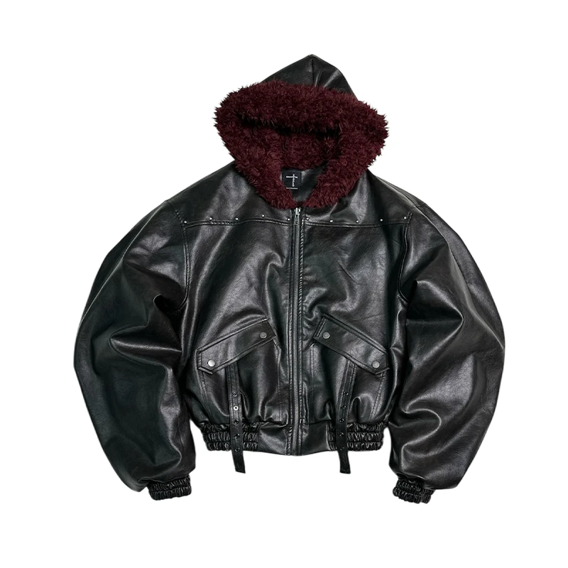 SGW亮面皮衣座山雕加绒加厚外套羚羊毛冬季重磅宽松廓形棉服夹克