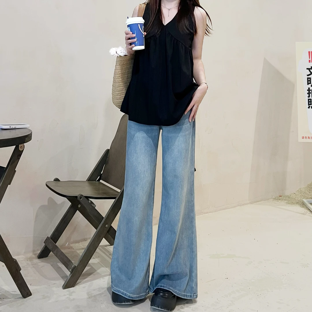 2025夏季新款莱赛尔极简风喇叭裤天丝牛仔裤宽松长裤学院风