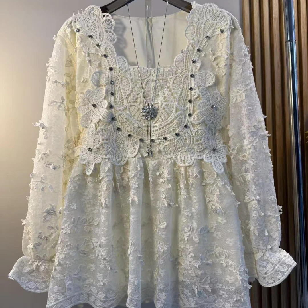 欧货重工蕾丝立体花朵甜美衬衫洋气百搭长袖上衣女胖妹妹大码女装