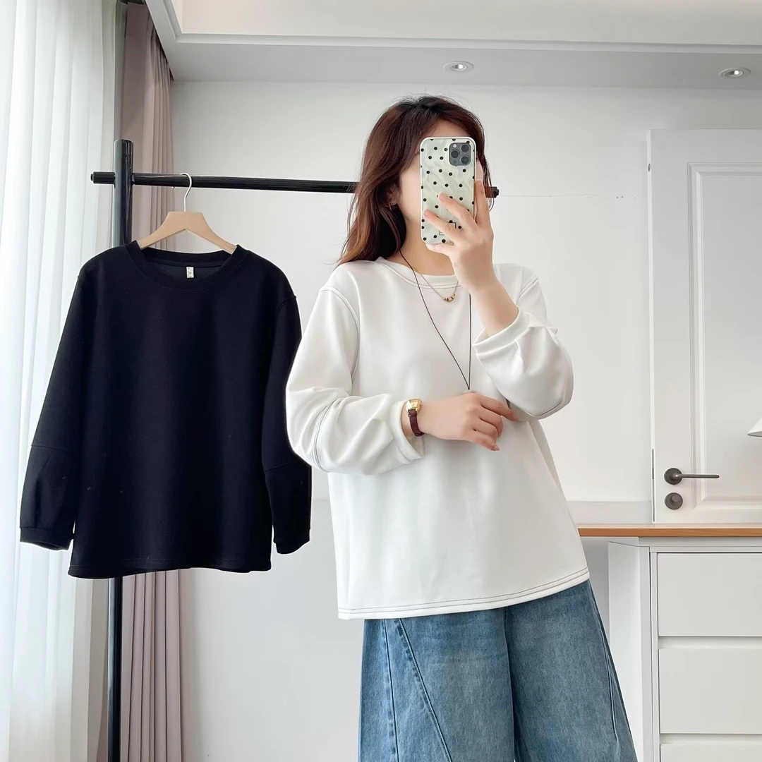 2025大码常规款宽松型圆领女性大码T恤通勤风灯笼袖长袖