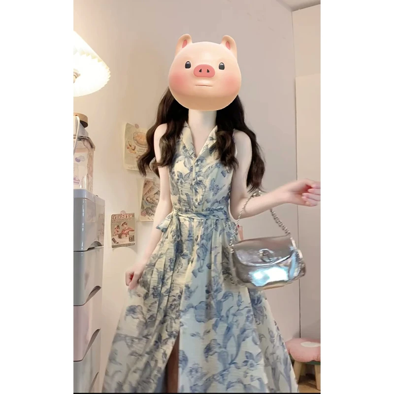 设计感V领连衣裙女2025春夏新款法式气质碎花收腰中长款开叉裙子