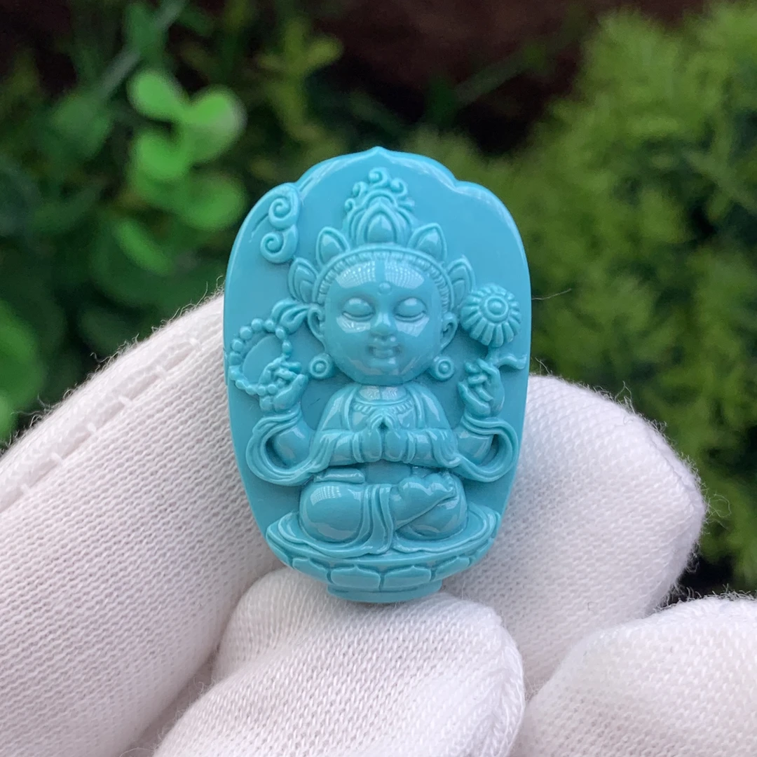 杨家绿松石原矿瓷釉级玉化蓝名家雕刻绿度母雕件挂坠吊坠