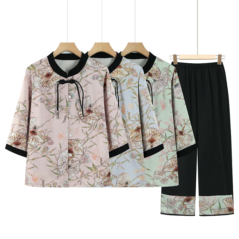 中老年人夏装女奶奶新中式两件套装60岁70妈妈新款T恤老太太衣服