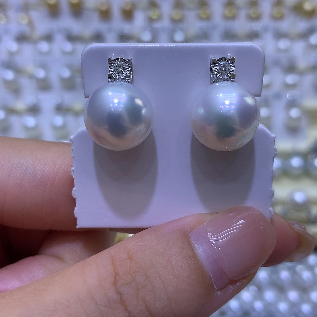 海水珍珠耳饰18K金镶嵌12/13mm澳白