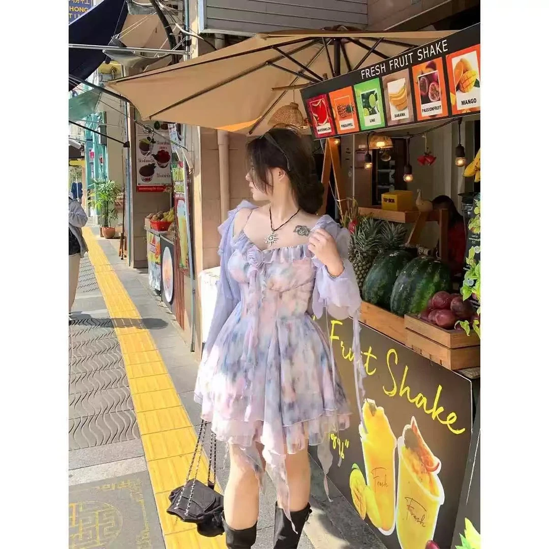 法式碎花连衣裙公主风长袖荷叶边吊带裙纯欲大码女装春夏7057