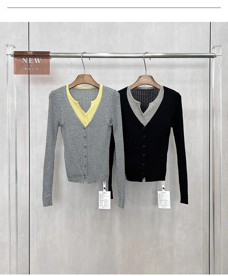 欧洲站冬季韩系气质假两件拼接撞色长袖修身针织衫女开衫上衣2755