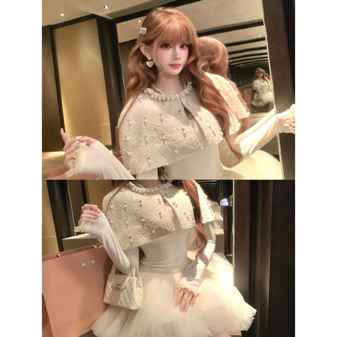 SISI JIANG"京都贵女"富家千金气质收腰小香风斗篷连衣裙两件套装