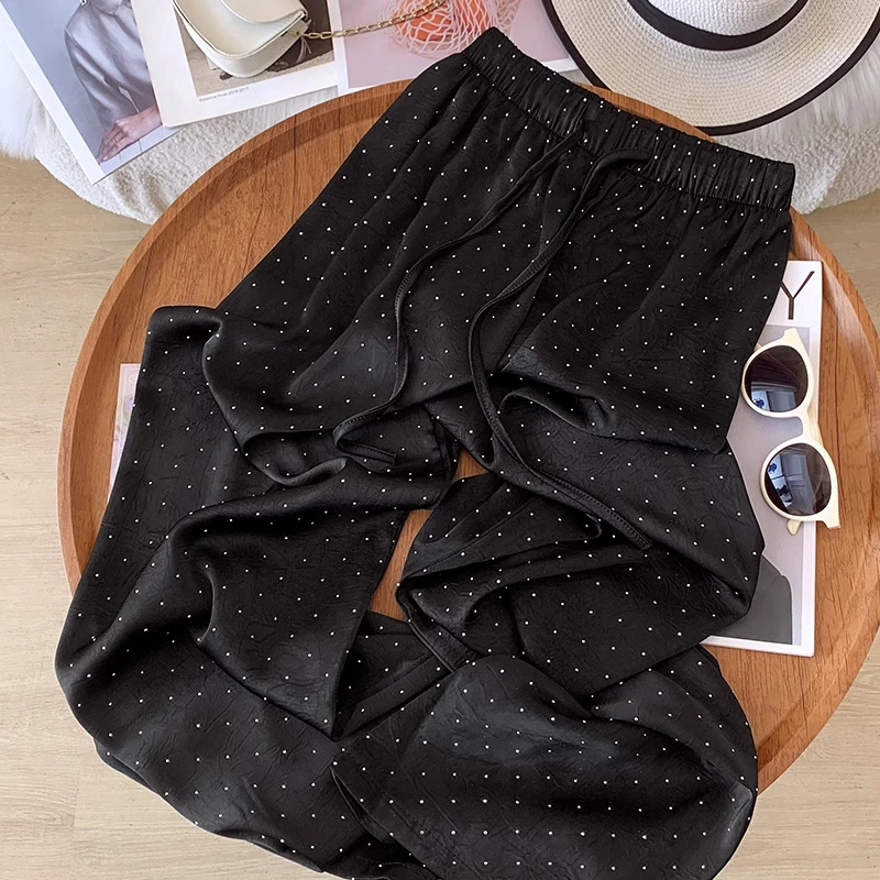 拉夏贝尔烫钻阔腿裤女夏季薄款垂感抖抖防晒凉凉裤镶钻拖地直筒裤