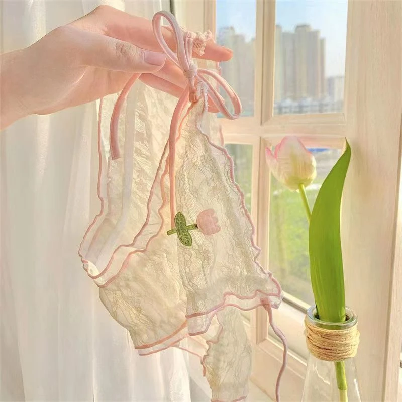 粉郁花仙~甜美纯欲风高开叉系带新款蕾丝内裤女性感大码三角短裤