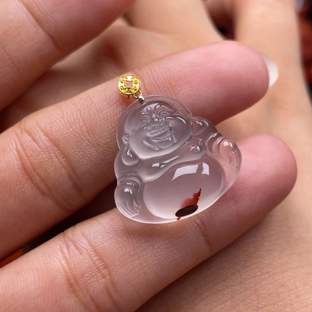 18K金镶嵌玛瑙/玉髓珠宝奇石笑佛吊坠