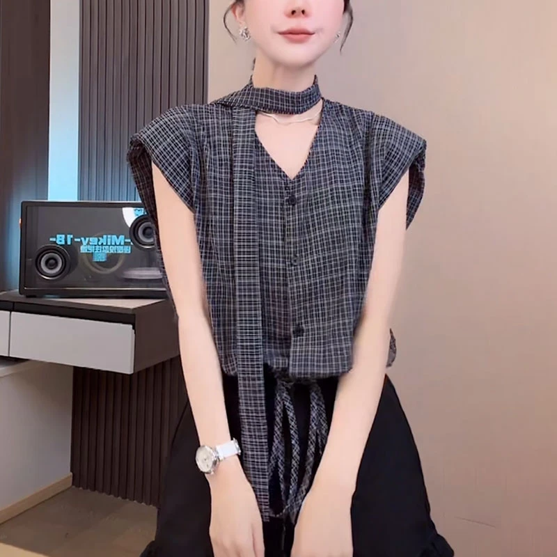 v领无袖格子背心衬衫女2025夏季新款时尚减龄高级感系带气质上衣