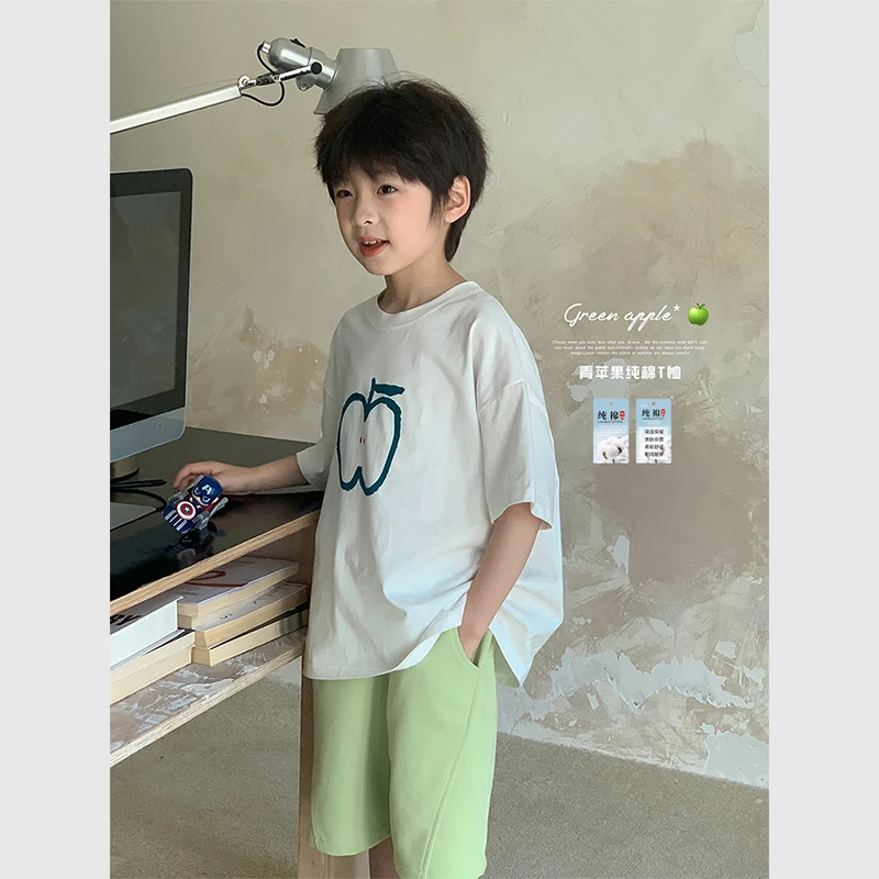 虾酱麻麻男童纯棉短袖t恤夏装2025新款白色洋气上衣儿童打底体恤
