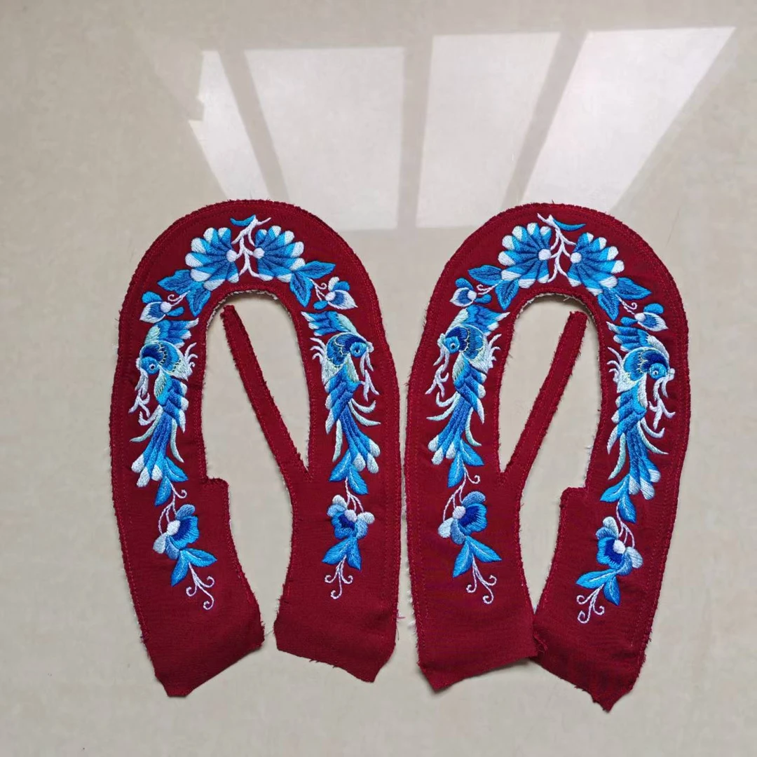 原创酒红色小圆口鞋面花《宝象花开喜鹊来》