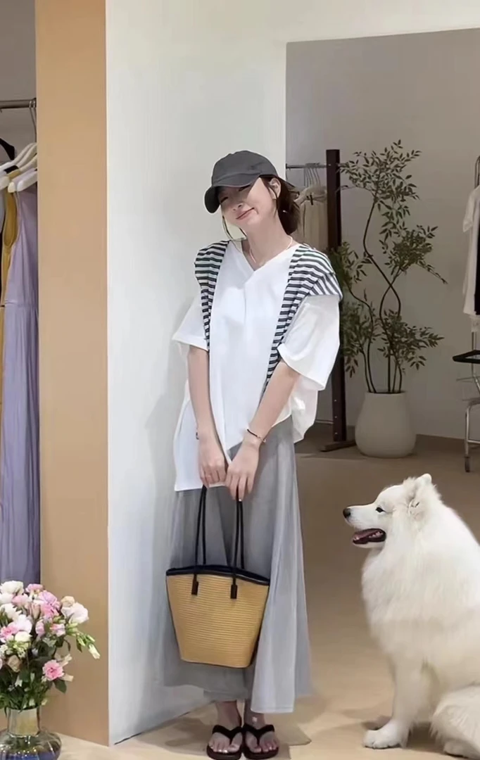 2025夏季新款引领上新条纹披肩三件套装气质时尚宽松撞色