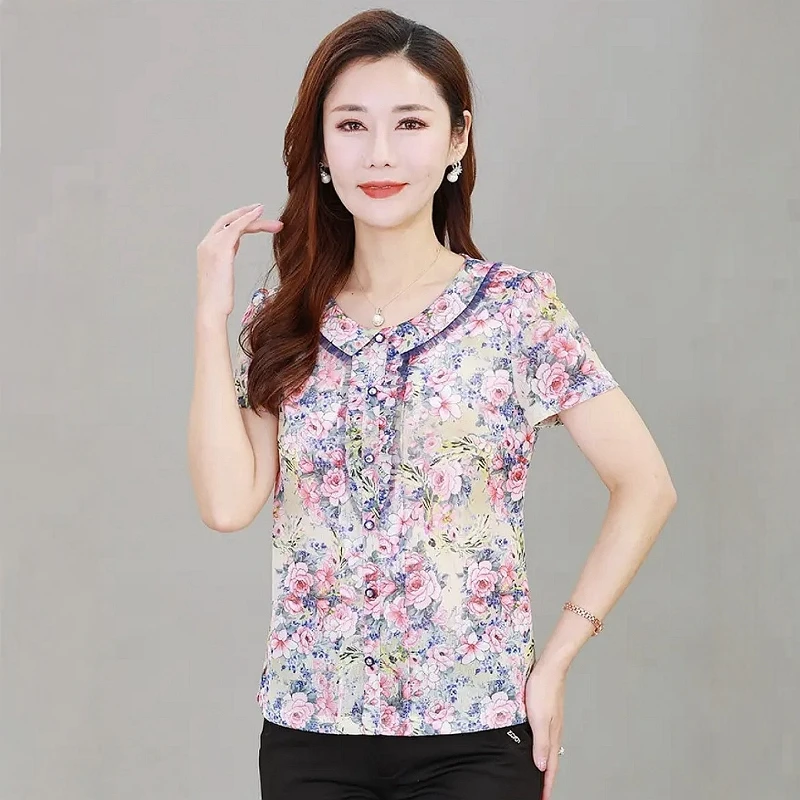 专柜台湾网纱时尚洋气质中年妈妈夏装短袖显瘦上衣速干T恤