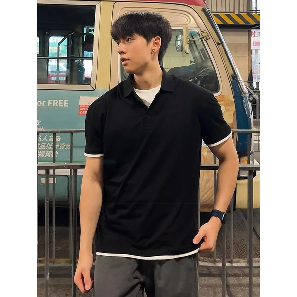 美式假两件polo衫短袖男款夏季重磅短宽版型t恤翻领运动健身半截