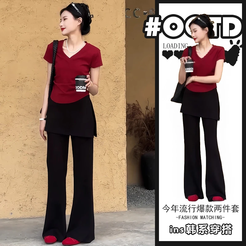 盐系轻熟两件套装女2025夏季新款法式气质辣妹短袖上衣设计感裤子