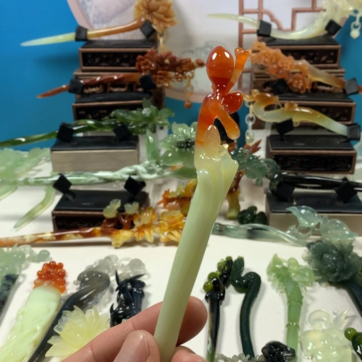 未镶嵌蛇纹石玉发簪绿**海