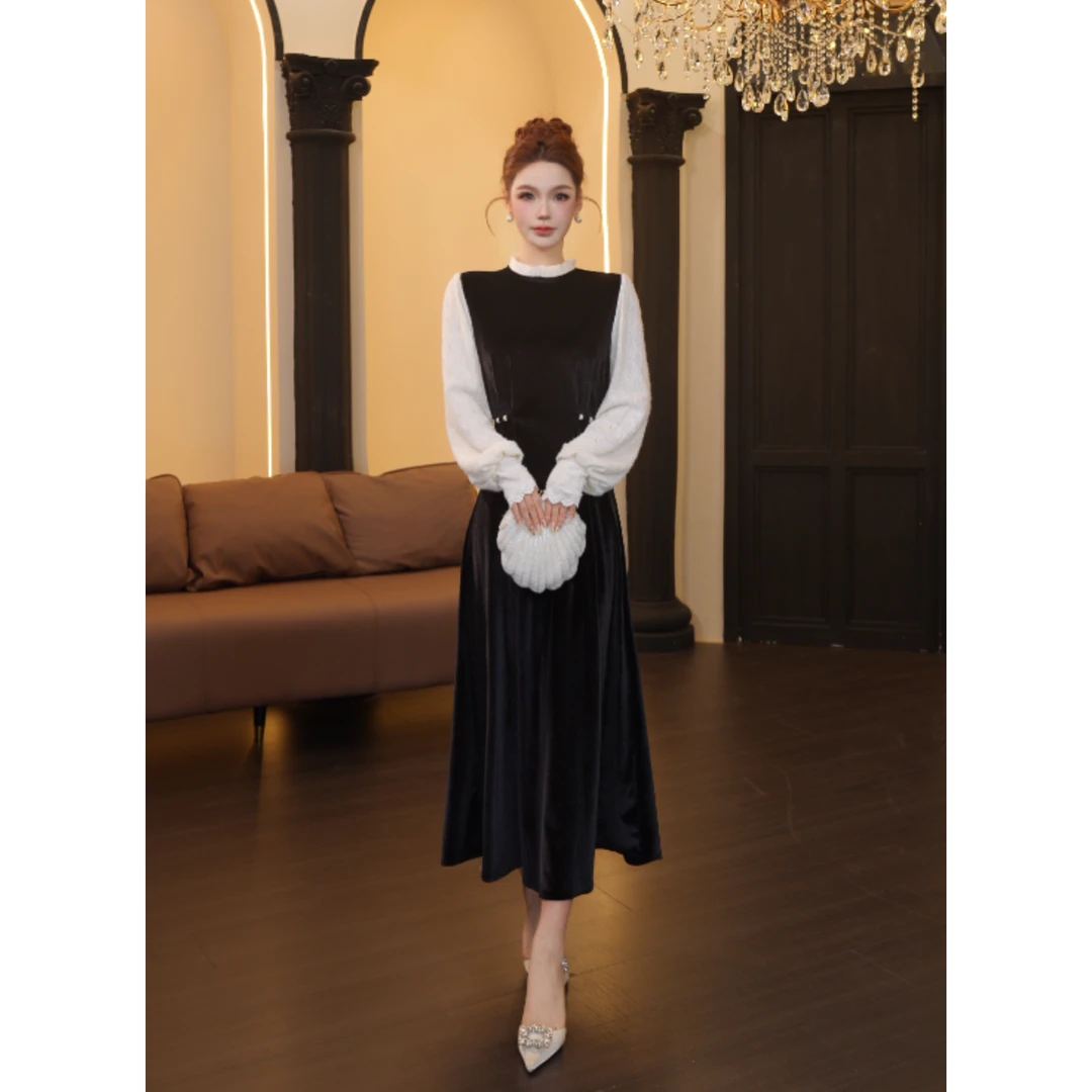 【温迪专属】-028法式女裙长袖套头款连衣裙假两件拼接外套JXP651