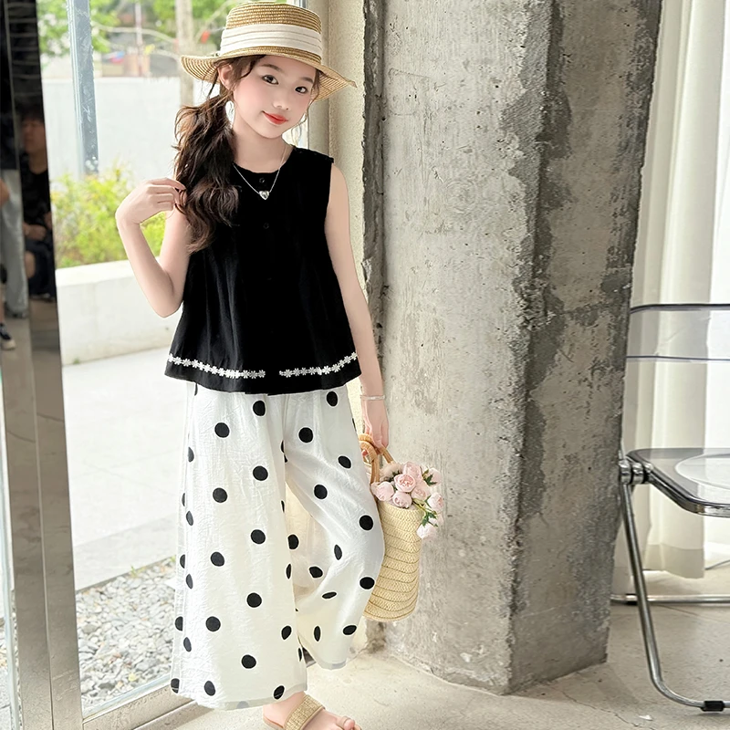 女童夏季韩系甜美套装2025新款中大儿童6-12岁15无袖衬衫阔腿裙裤