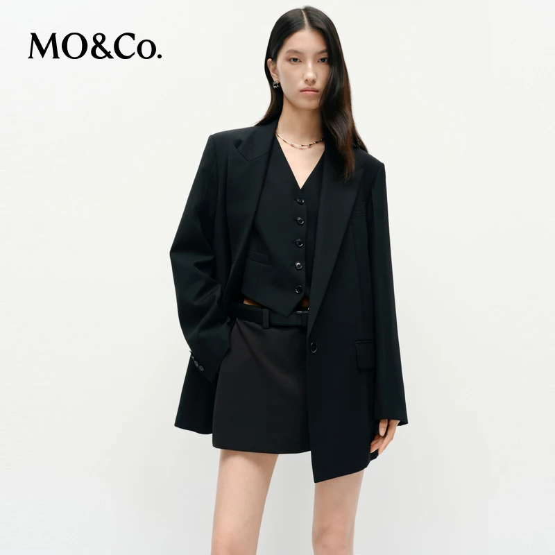 MOCO西装2025春新品弹力绵羊毛时装垫肩低腰线廓形外套MBE1BLA006