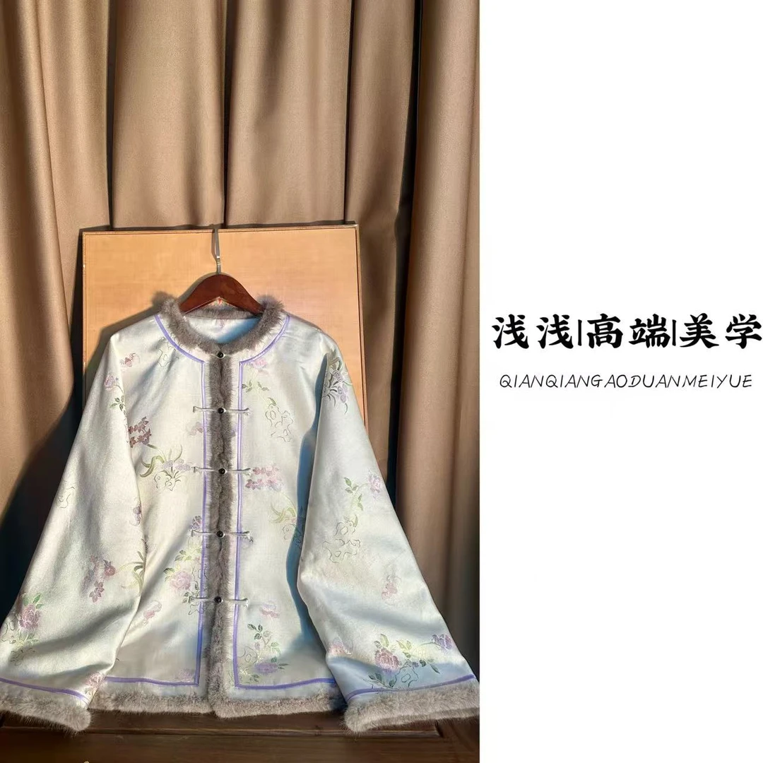 『山石牡丹』上久楷宋锦面料中式复古中国风手工高定休闲对襟棉服