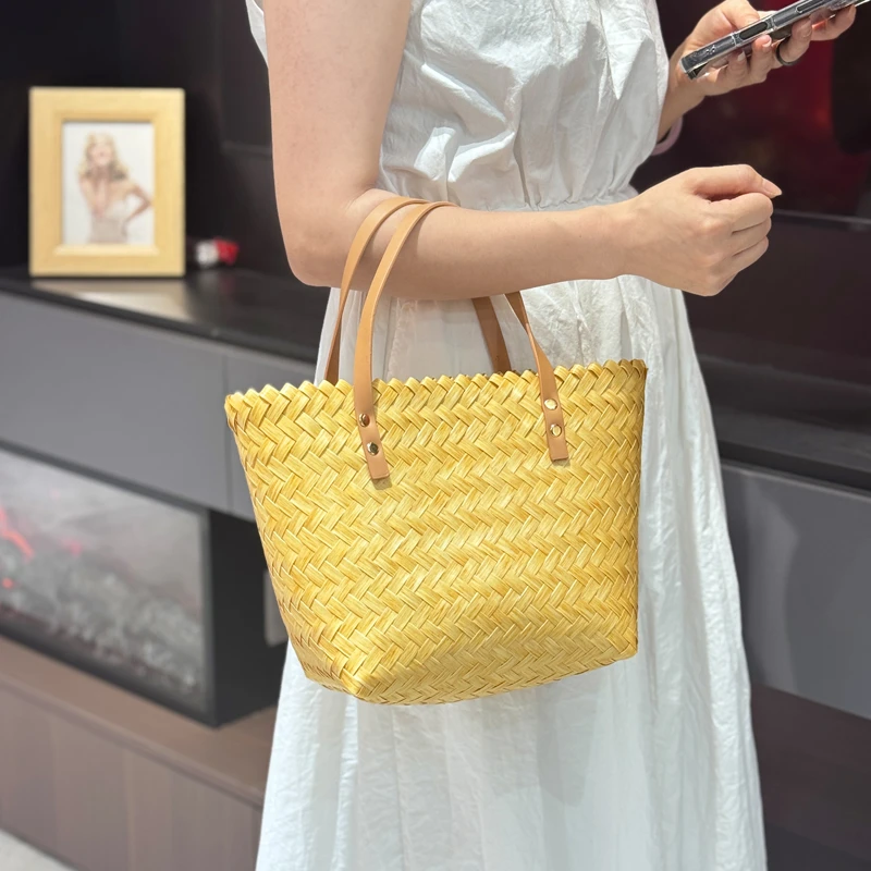 手工编织包PU把手草编包简约手拎都市简约托特包休闲防水伴手礼包