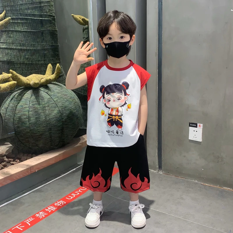 哪吒儿童服装2025新款男童夏季套装男孩休闲衣服宝宝薄款背心童装