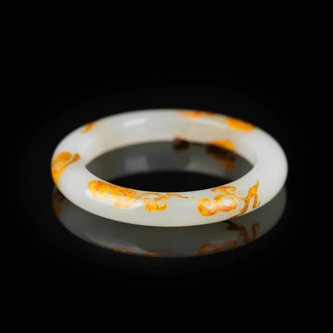 典藏级 和田玉高冰白手绘描金圆条镯 56mm± H83011