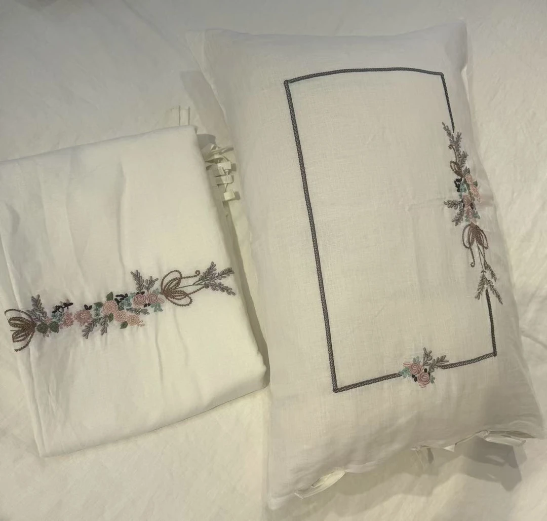 【麻先森-蝶恋花】100%汉麻四件套自然舒爽搭配精致绣花线条边框-gc